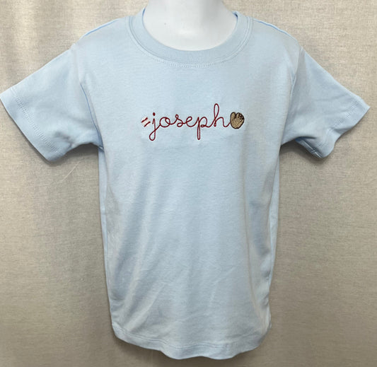 Baseball Tee by Lime Green with Embroidered Ball and Glove and Name