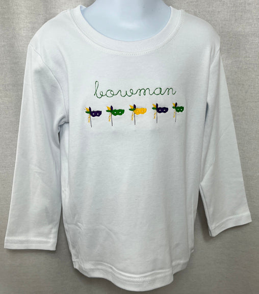 Valentine/Mardi Gras/Baseball Drop Mardi Gras Tee by Lime Green with Embroidered Masks and Name