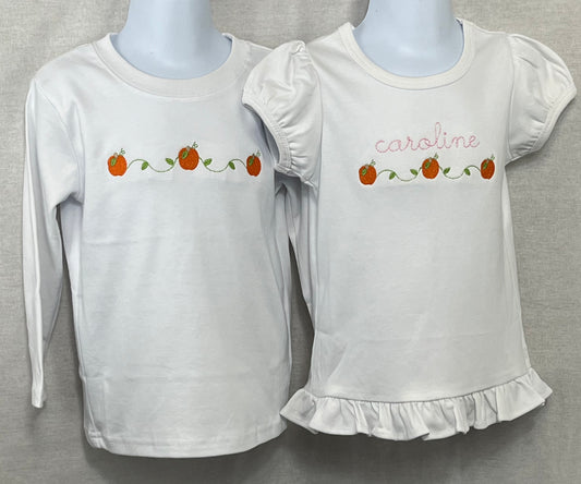 Pumpkin Drop Tees by Lime Green with Embroidered Pumpkins and Name